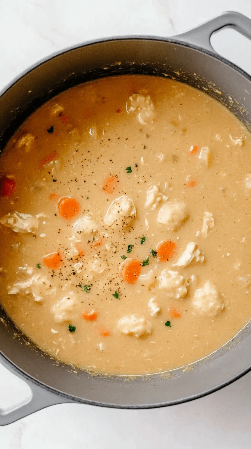 Gluten-free chicken and dumplings simmering in a creamy broth with carrots and herbs