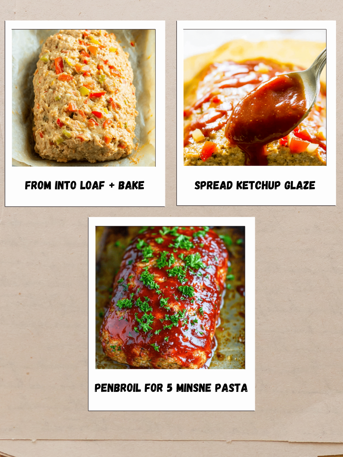 Three-step visual of gluten-free turkey meatloaf preparation: raw loaf, spreading ketchup glaze, and finished broiled meatloaf with parsley.