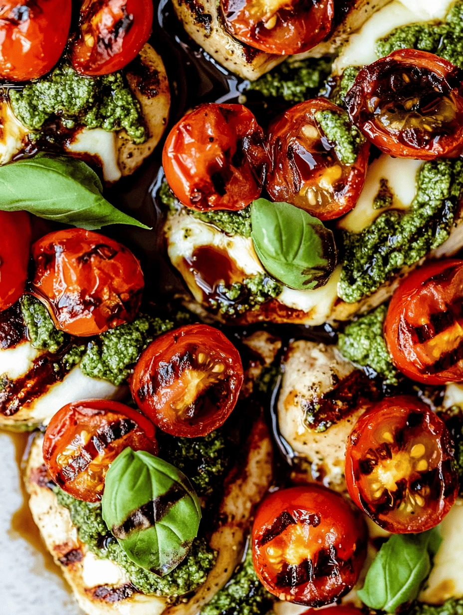 Grilled chicken breast with melted mozzarella, green pesto, grilled cherry tomatoes, fresh basil, and balsamic glaze on a white plate.