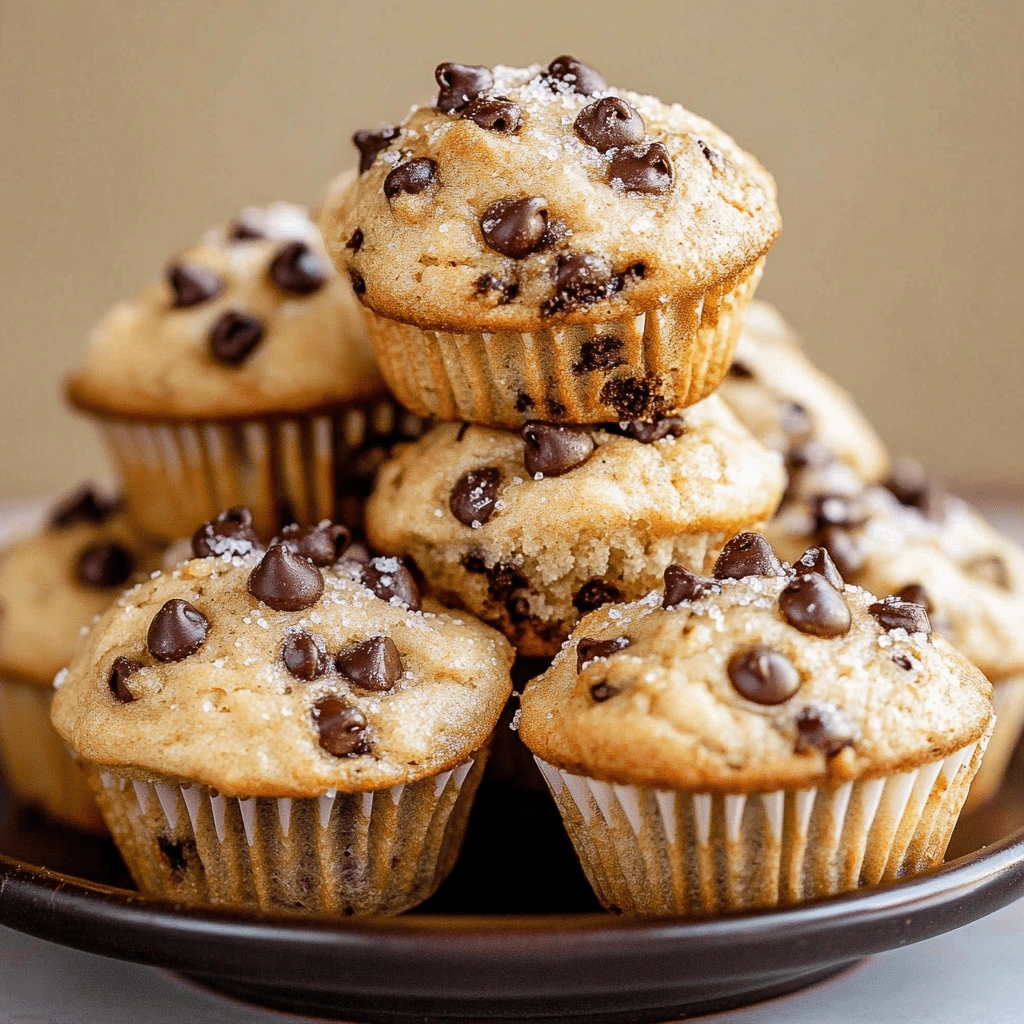 Freshly baked mini chocolate chip muffins stacked on a rustic metal plate, with golden tops and melted chocolate chips, set against a light marble and gray background.