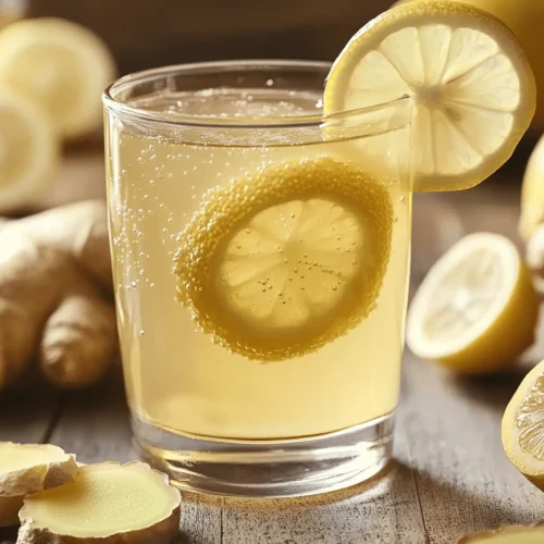 4 Ingredient Mounjaro Recipe – Sparkling lemon ginger drink with lemon slices in a glass, surrounded by fresh ginger and citrus on a wooden surface