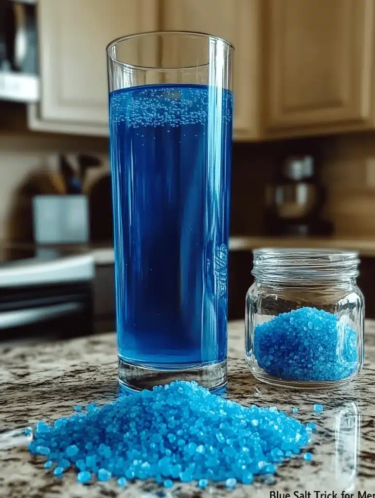 A bottle of vivid blue drink with blue salt crystals in a ceramic bowl and mint sprigs on a rustic wooden surface.