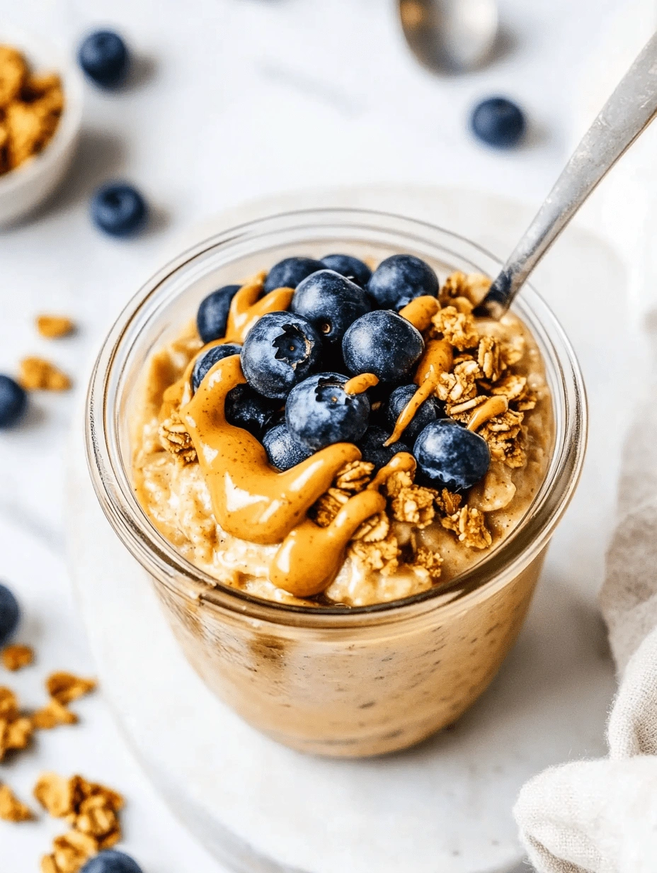 Glass jar of blended overnight oats topped with fresh blueberries, crunchy granola, and a thick drizzle of nut butter