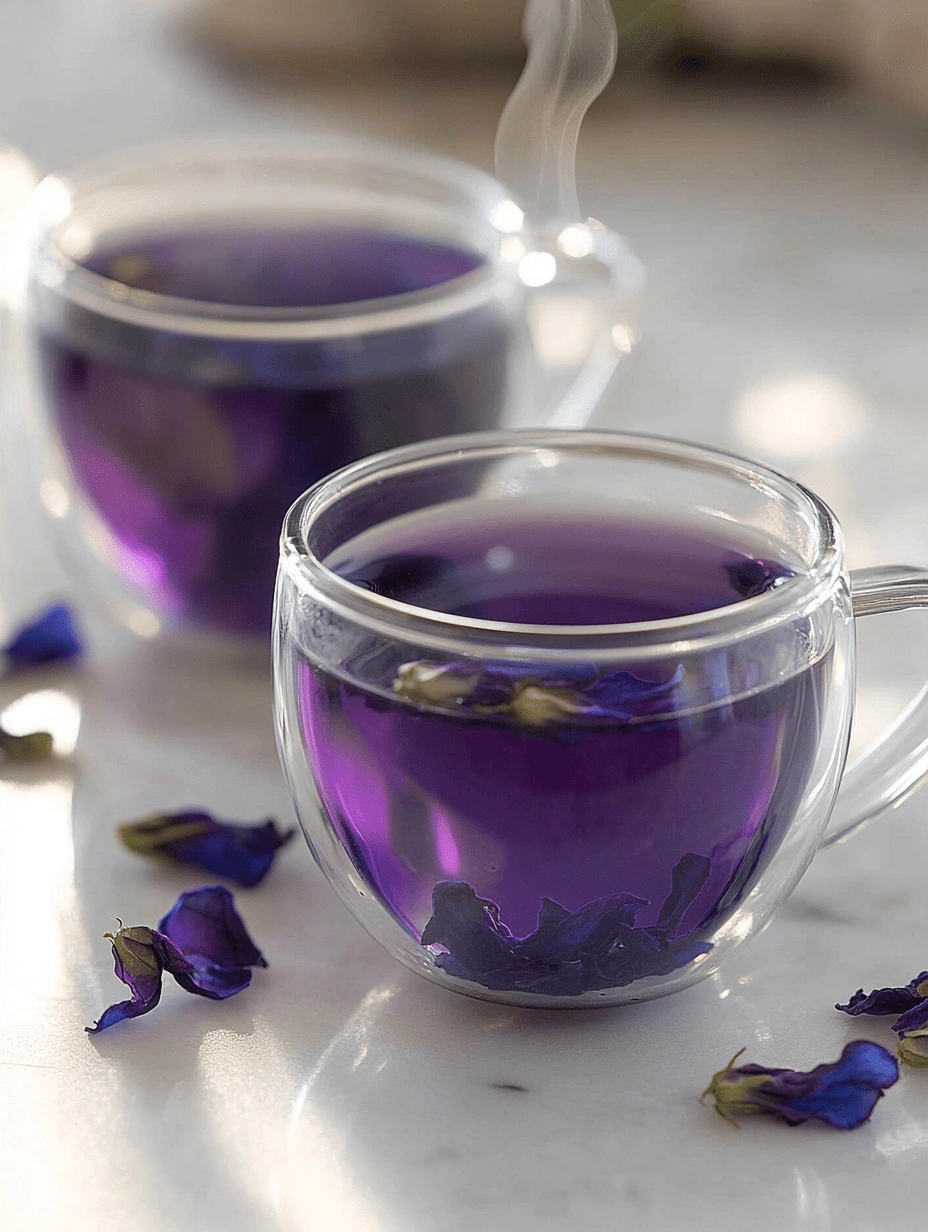Two glass teacups filled with purple butterfly pea flower tea, styled as a brazilian mounjaro recipe on a marble surface with soft lighting and steam rising.