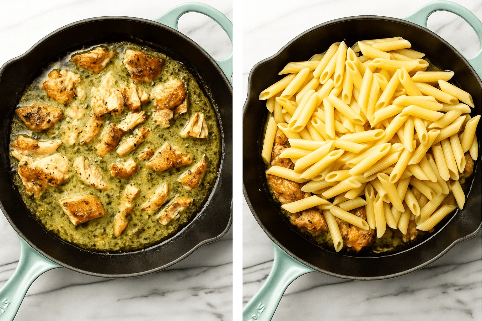Two-step photo showing creamy pesto salmon being cooked in a skillet on the left, and penne pasta added to the sauce in the right image.