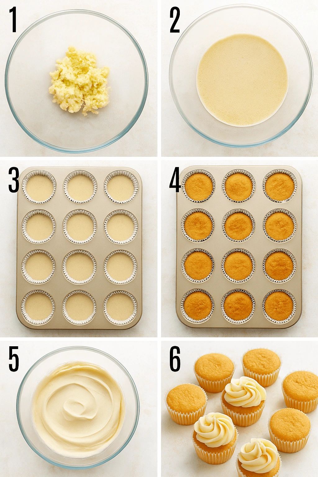 Six-step image guide showing how to make vanilla cupcakes, including batter mixing, baking, and frosting.