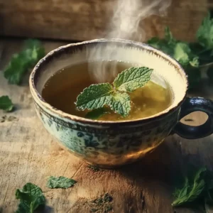Steaming lemon balm tea in a rustic ceramic cup on a wooden table, always showcasing Lemon Balm for Weight Loss.
