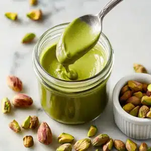 Glass jar of creamy Pistachio Butter Recipe with spoonful lifted, surrounded by shelled pistachios on marble surface.
