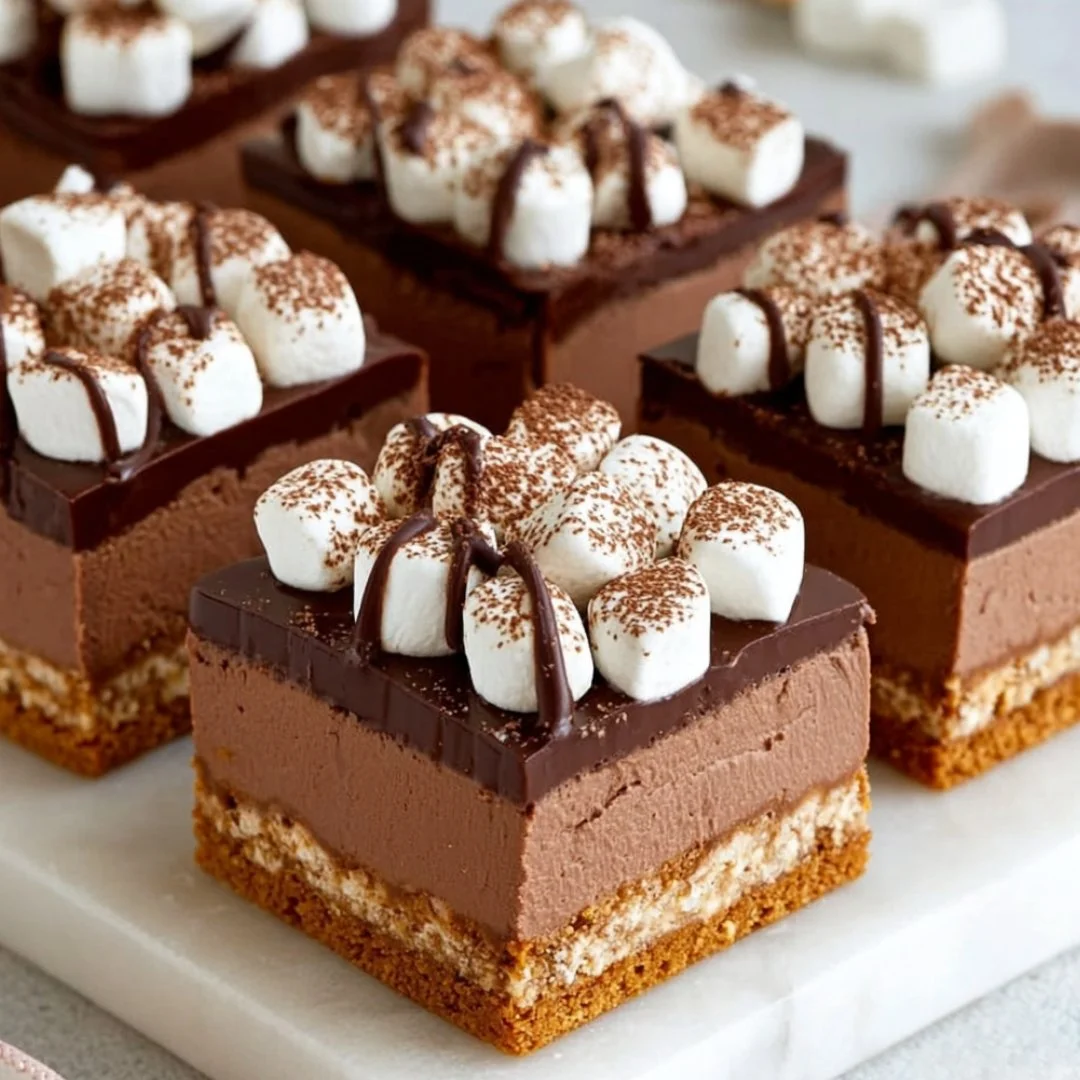Delicious hot chocolate cheesecake bars topped with marshmallows and chocolate drizzle