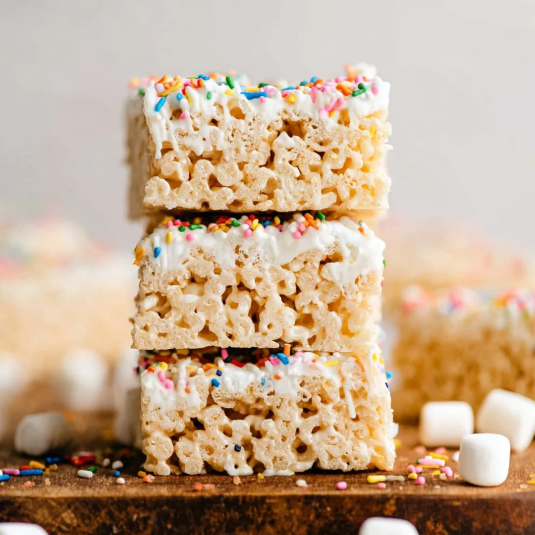Delicious homemade Rice Krispie Treats made with marshmallows and cereal.