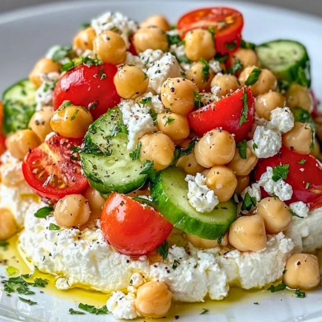 Cottage Cheese and Chickpeas Salad in a bowl, garnished with fresh herbs.