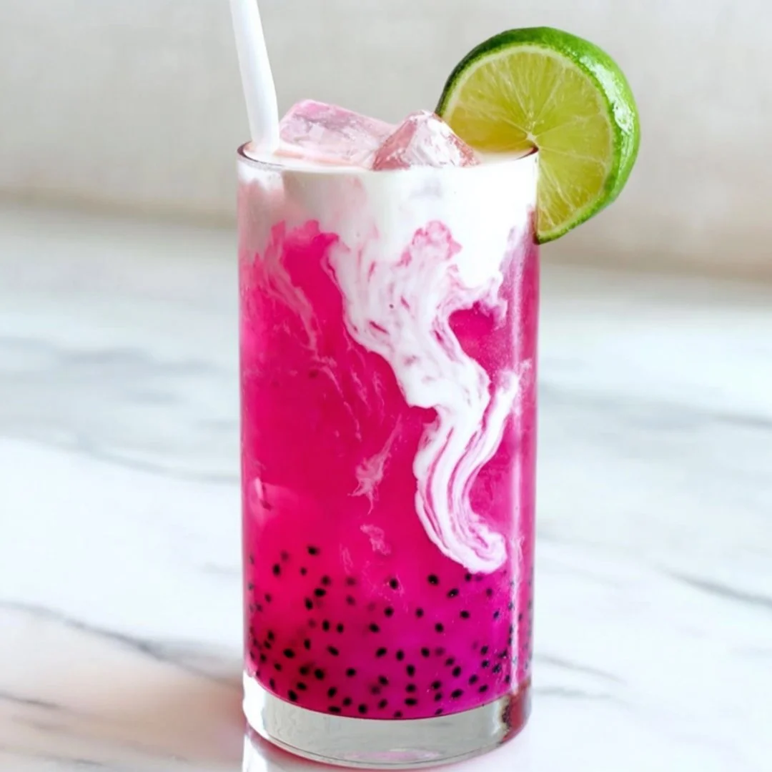 Glass of Dragonfruit Dream Dirty Soda with colorful garnishes