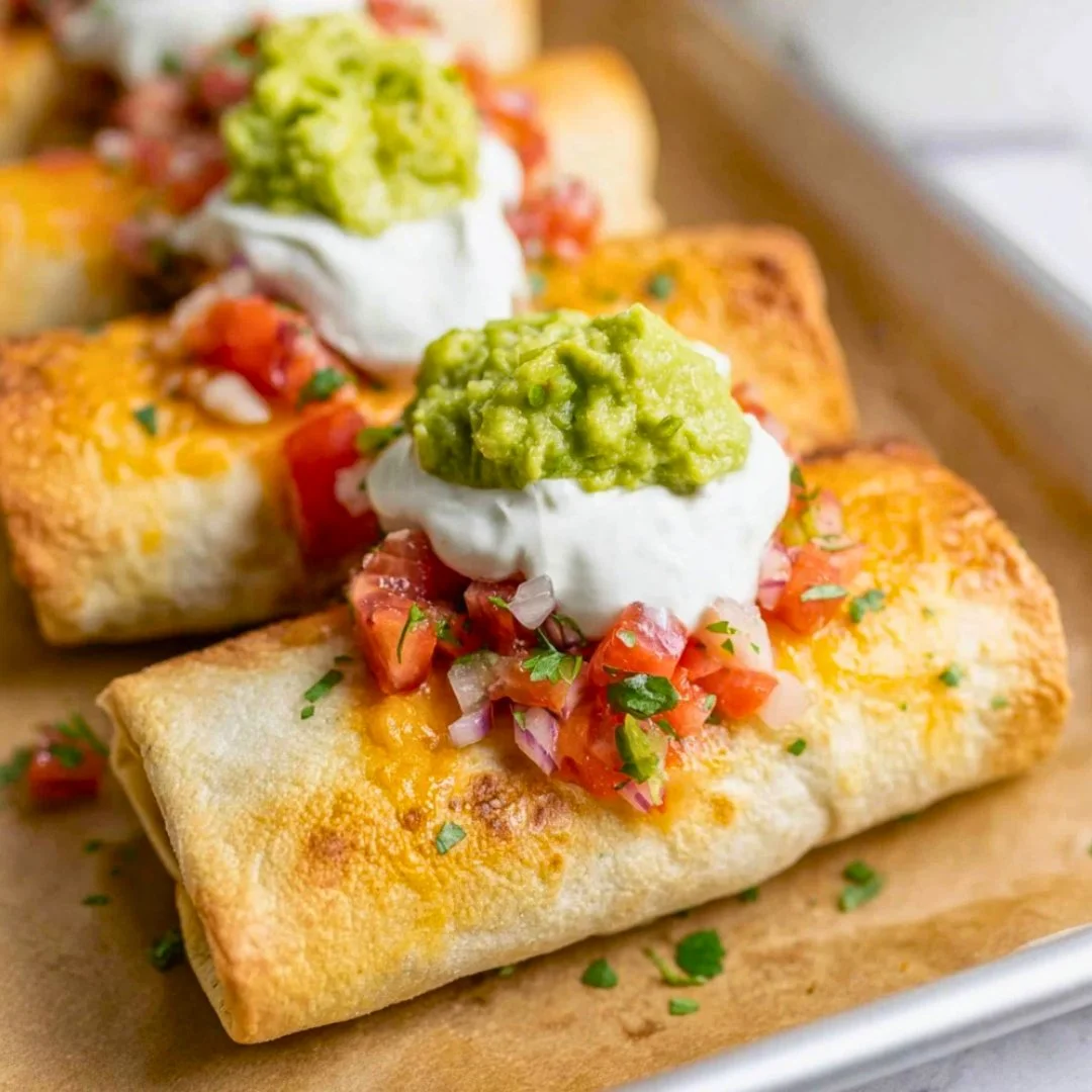 Delicious easy baked chicken chimichangas garnished with fresh toppings