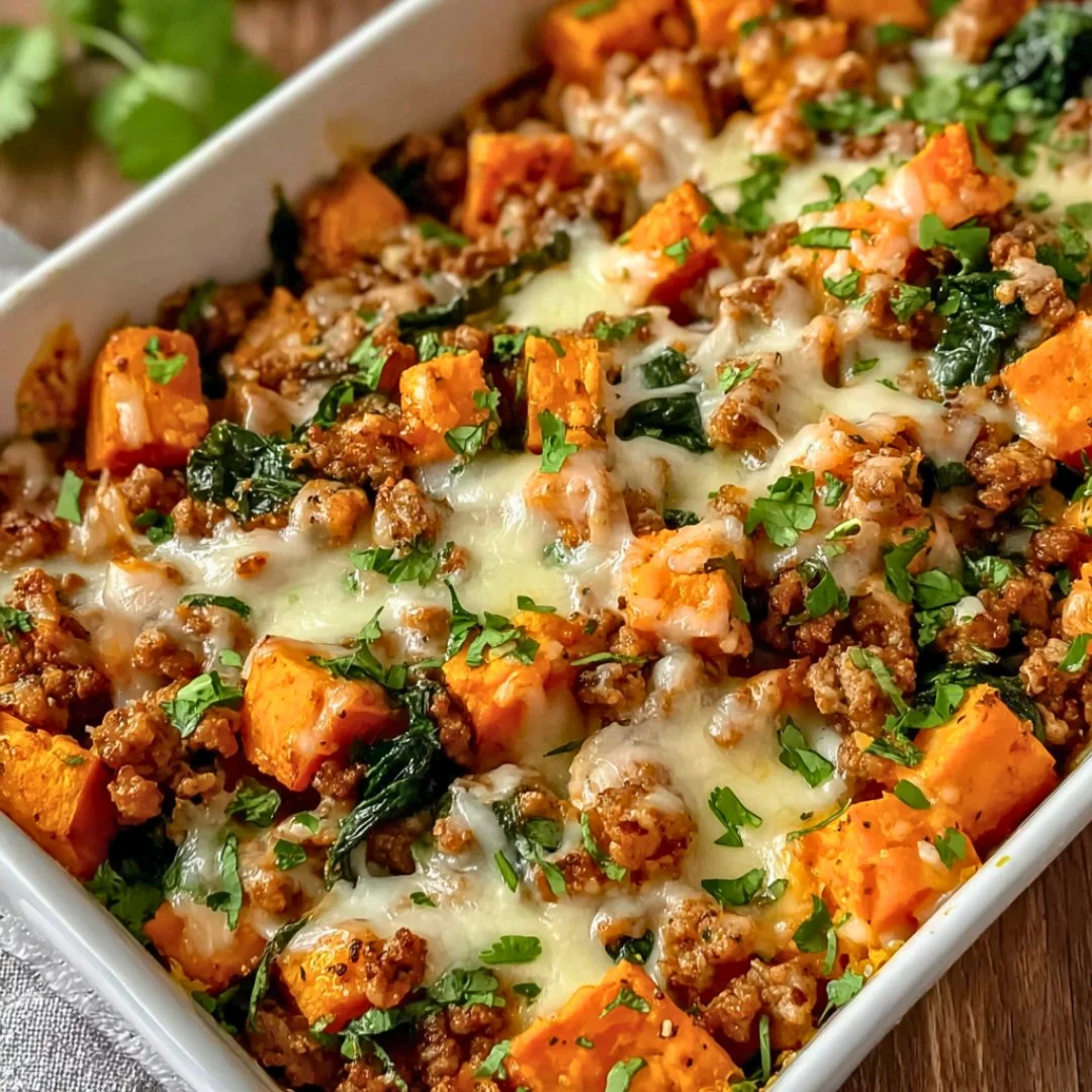 Ground Turkey Sweet Potato Bake in a dish, garnished and ready to serve.