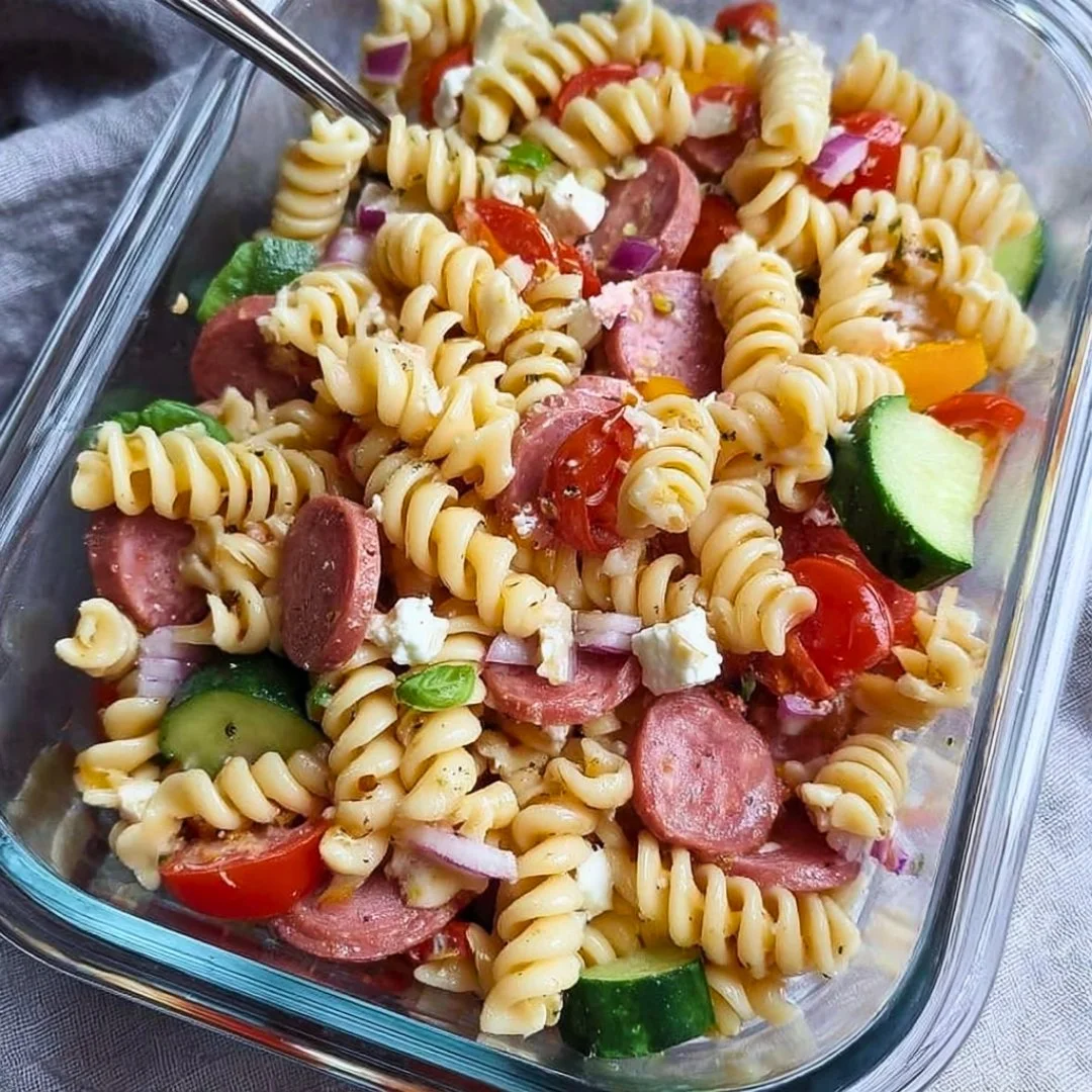 High Protein Italian Pasta Salad with colorful vegetables and dressing