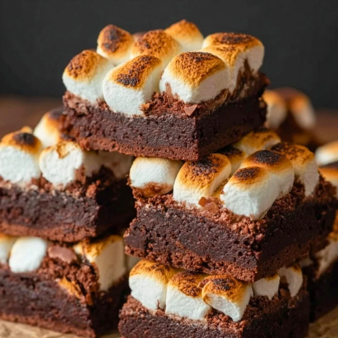 Decadent marshmallow brownies topped with fluffy marshmallow and chocolate drizzle.