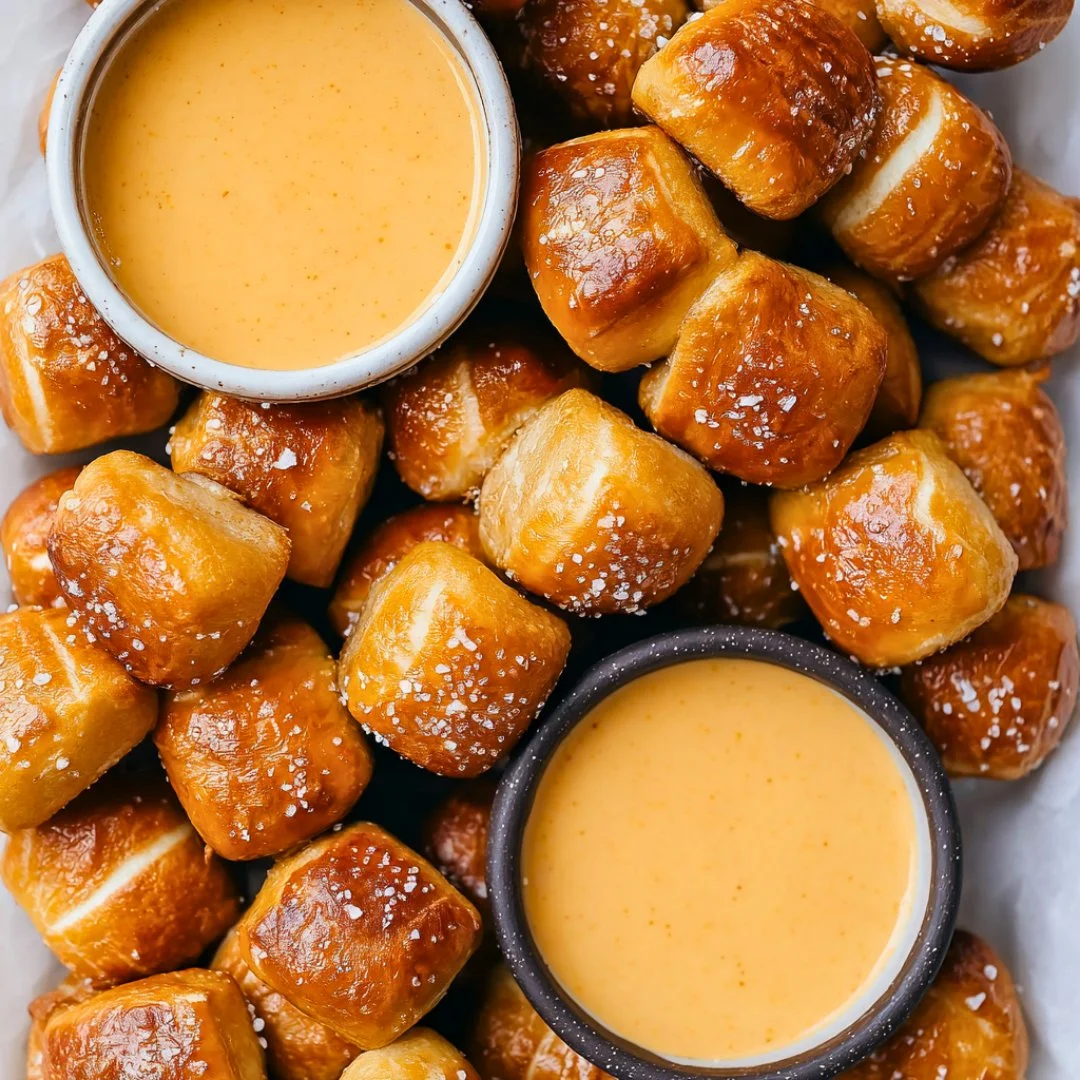 Delicious golden-brown pretzel bites served with a side of mustard dip