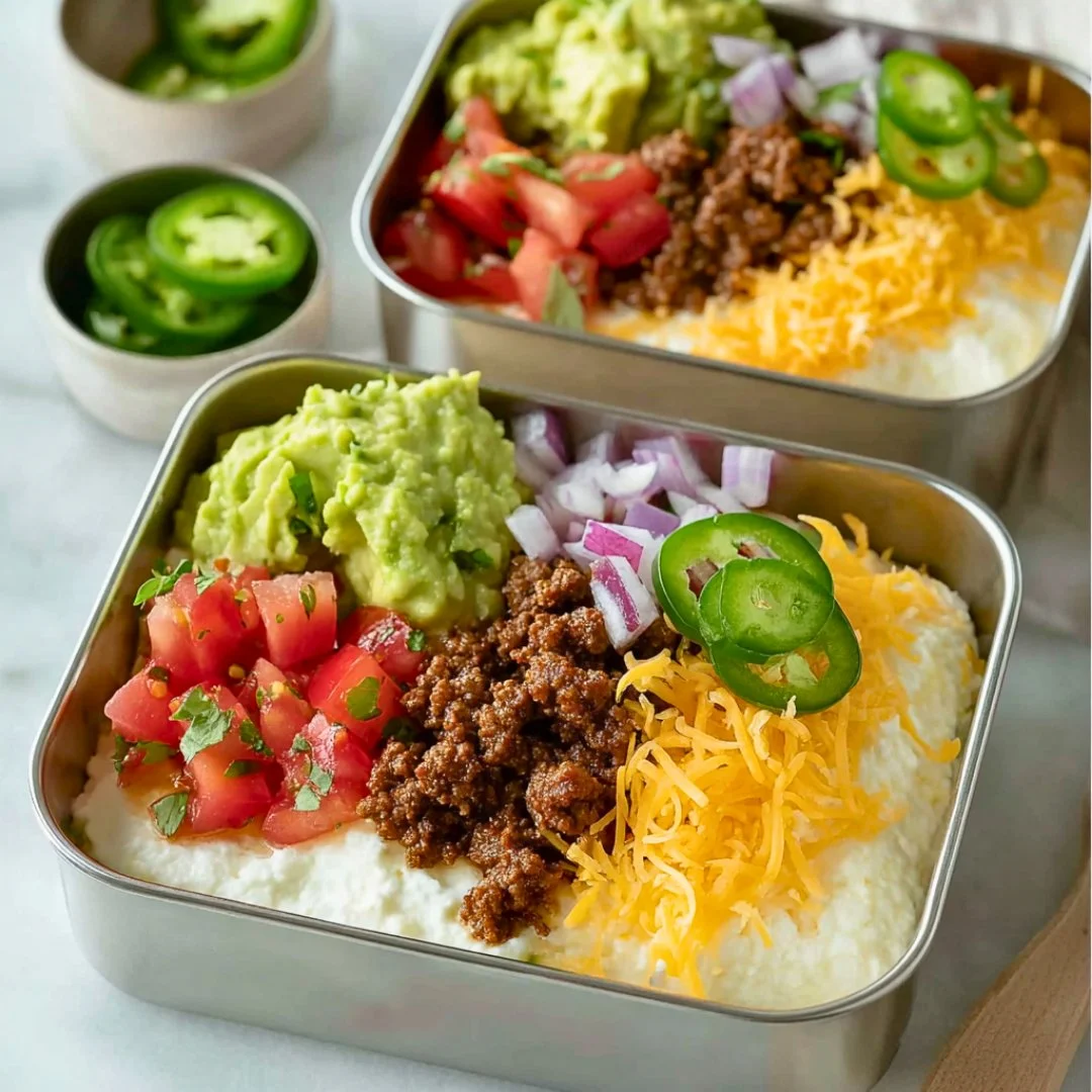 Colorful cottage cheese taco bowls made with fresh ingredients for a quick meal prep.