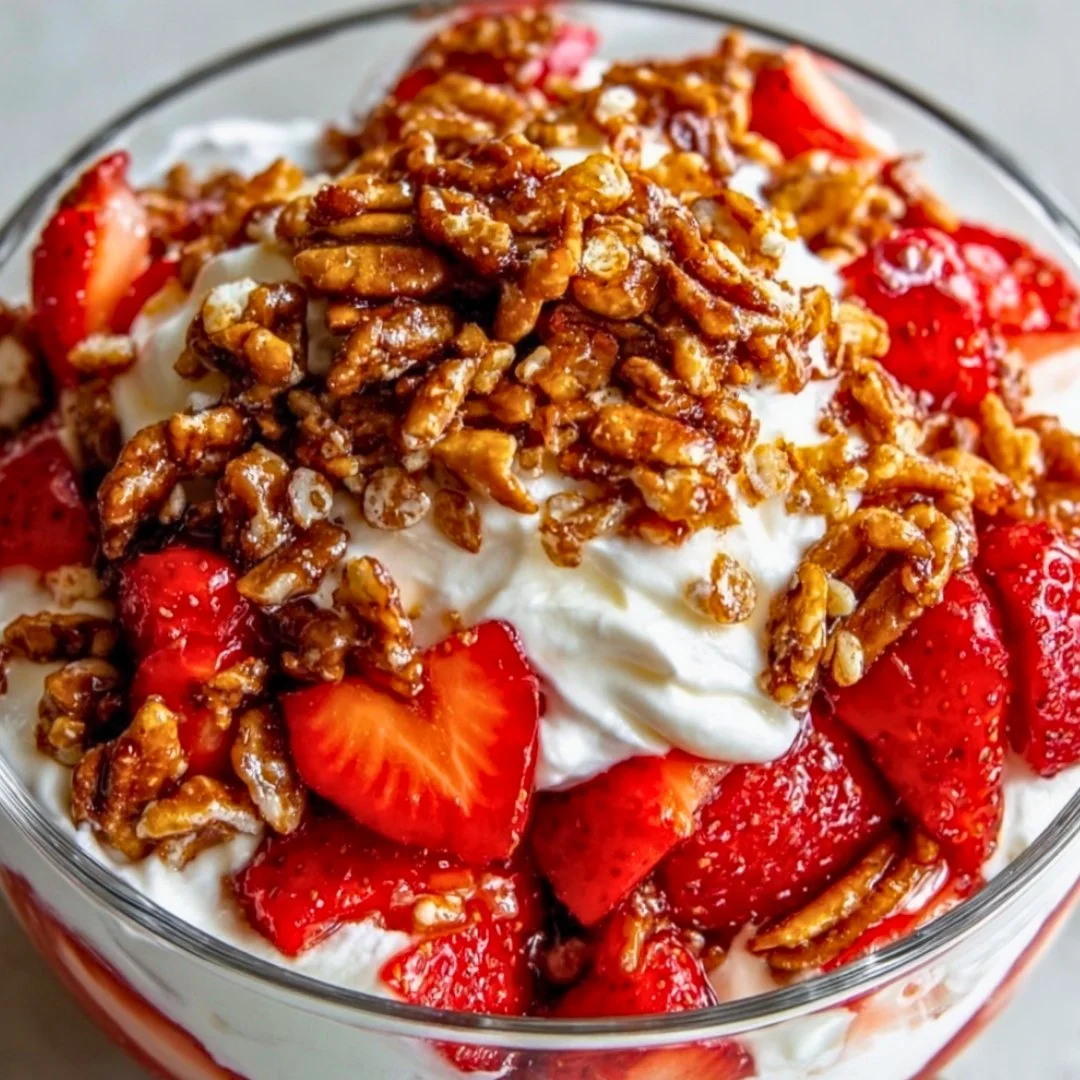 Delicious Strawberry Crackle Salad with fresh strawberries and a crunchy topping