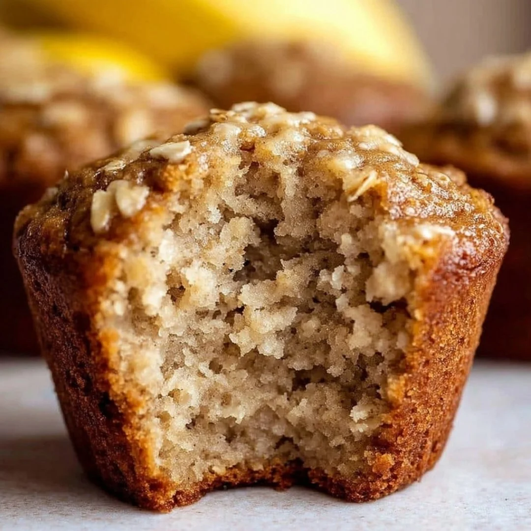 Freshly baked banana oatmeal muffins on a wooden table
