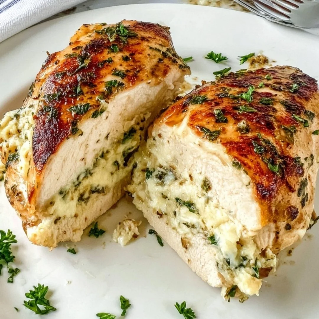 Copycat Ruth Chris stuffed chicken breast recipe served on a plate