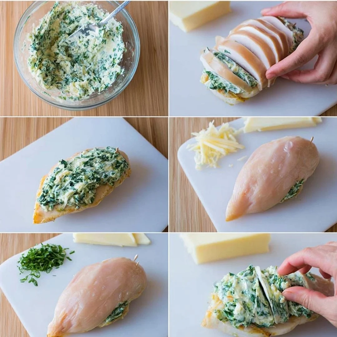 Cream cheese spinach stuffed chicken on a plate, garnished and ready to serve.