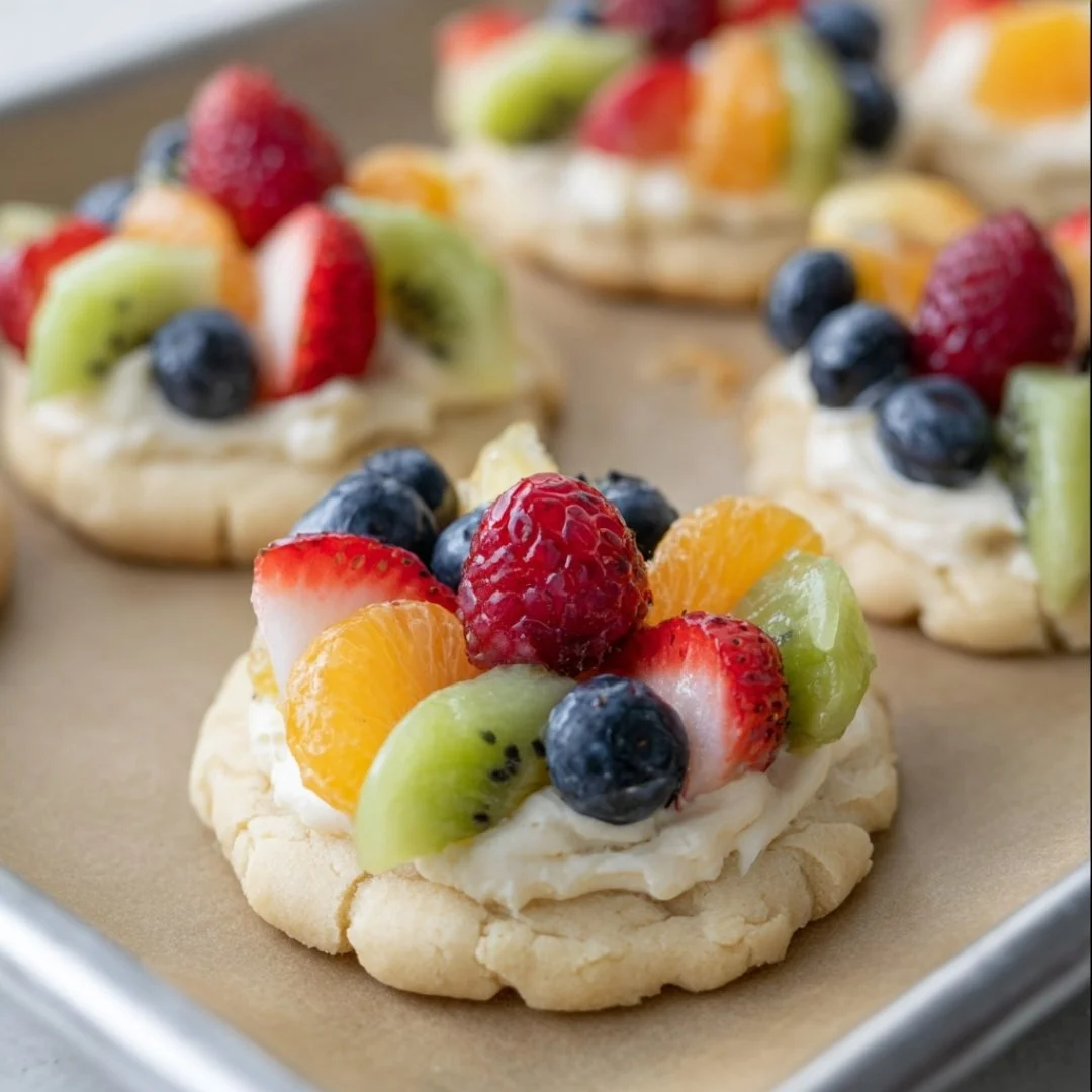 Delicious fruit pizza cookies topped with fresh fruits and frosting.