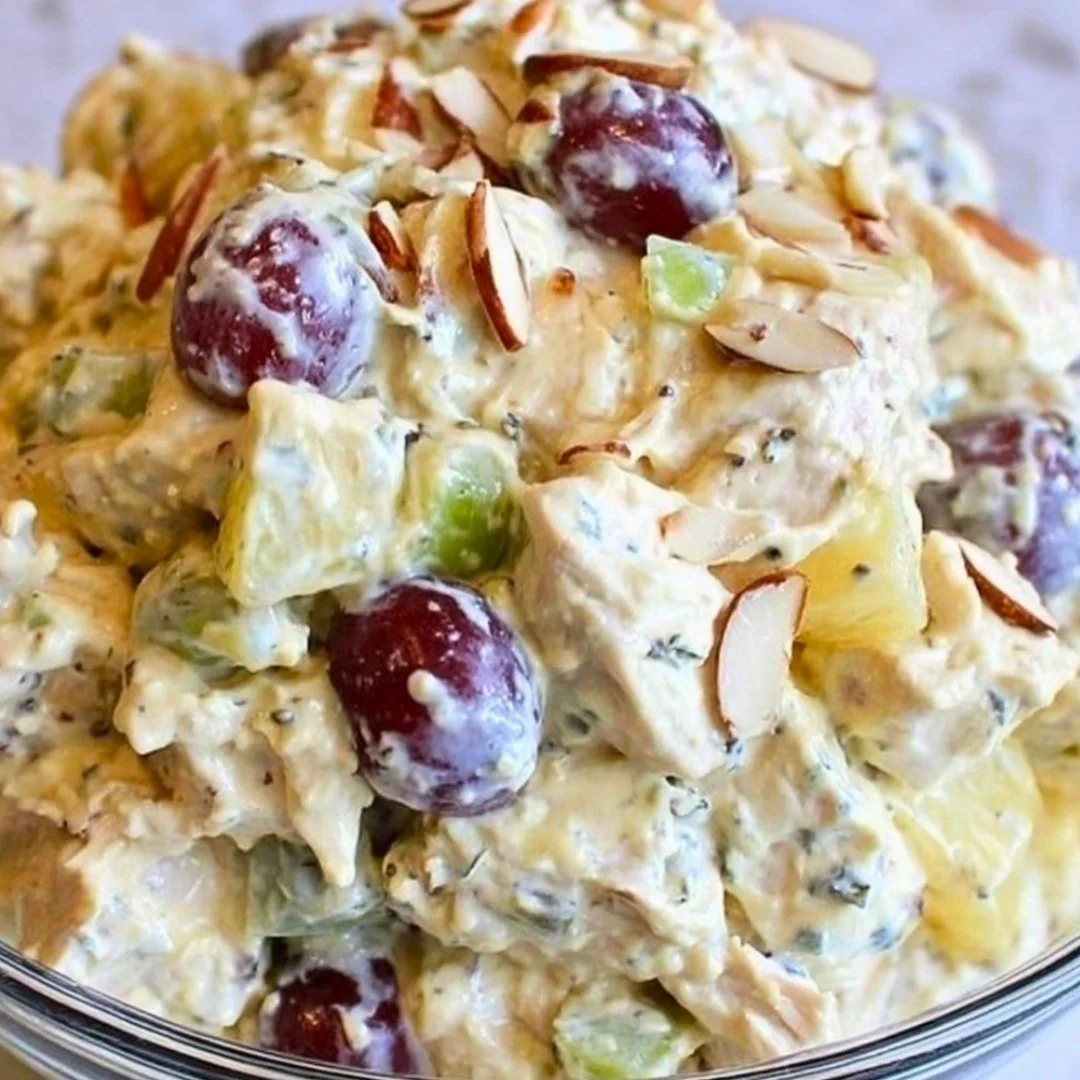 A fresh and colorful Hawaiian chicken salad with tropical ingredients.