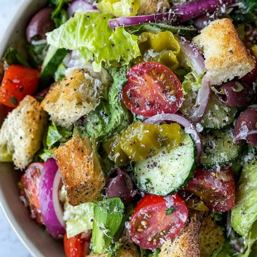 Colorful Italian salad with fresh vegetables, herbs, and dressing.