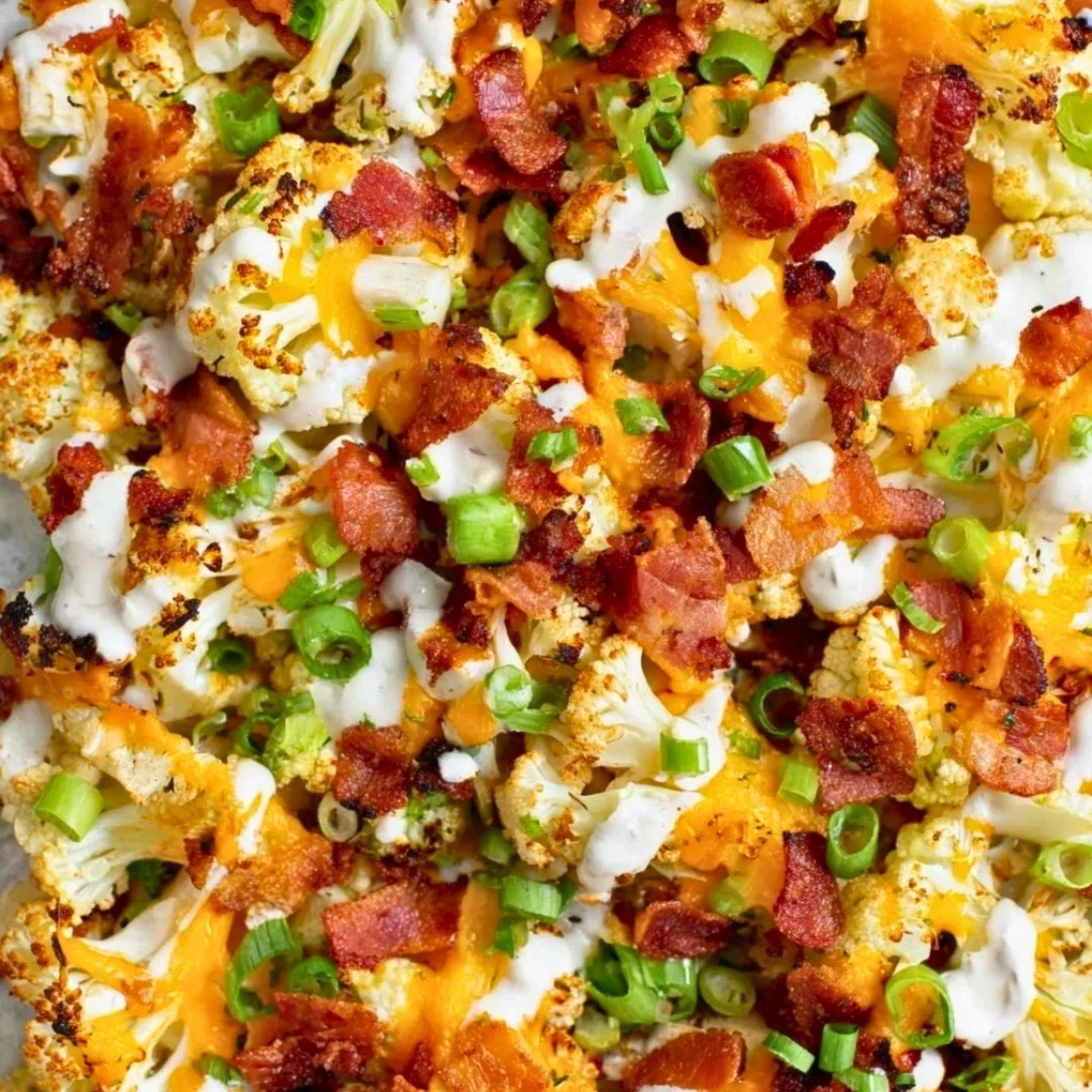 Delicious loaded roasted cauliflower topped with herbs and cheese