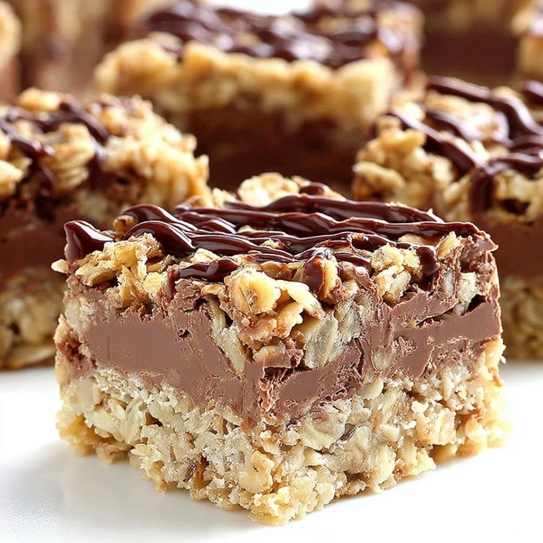 Delicious no bake chocolate oatmeal bars cut into squares on a rustic table.