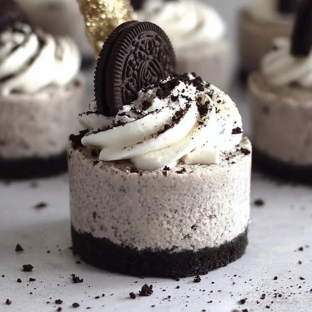 No-bake Oreo cheesecake topped with crushed Oreos and chocolate drizzle.