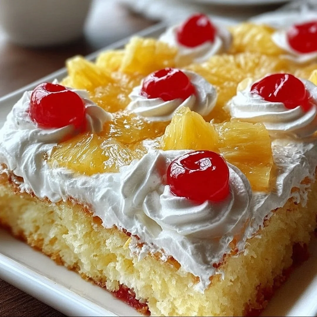 Delicious Pineapple Heaven Cake topped with fresh pineapple slices and cream