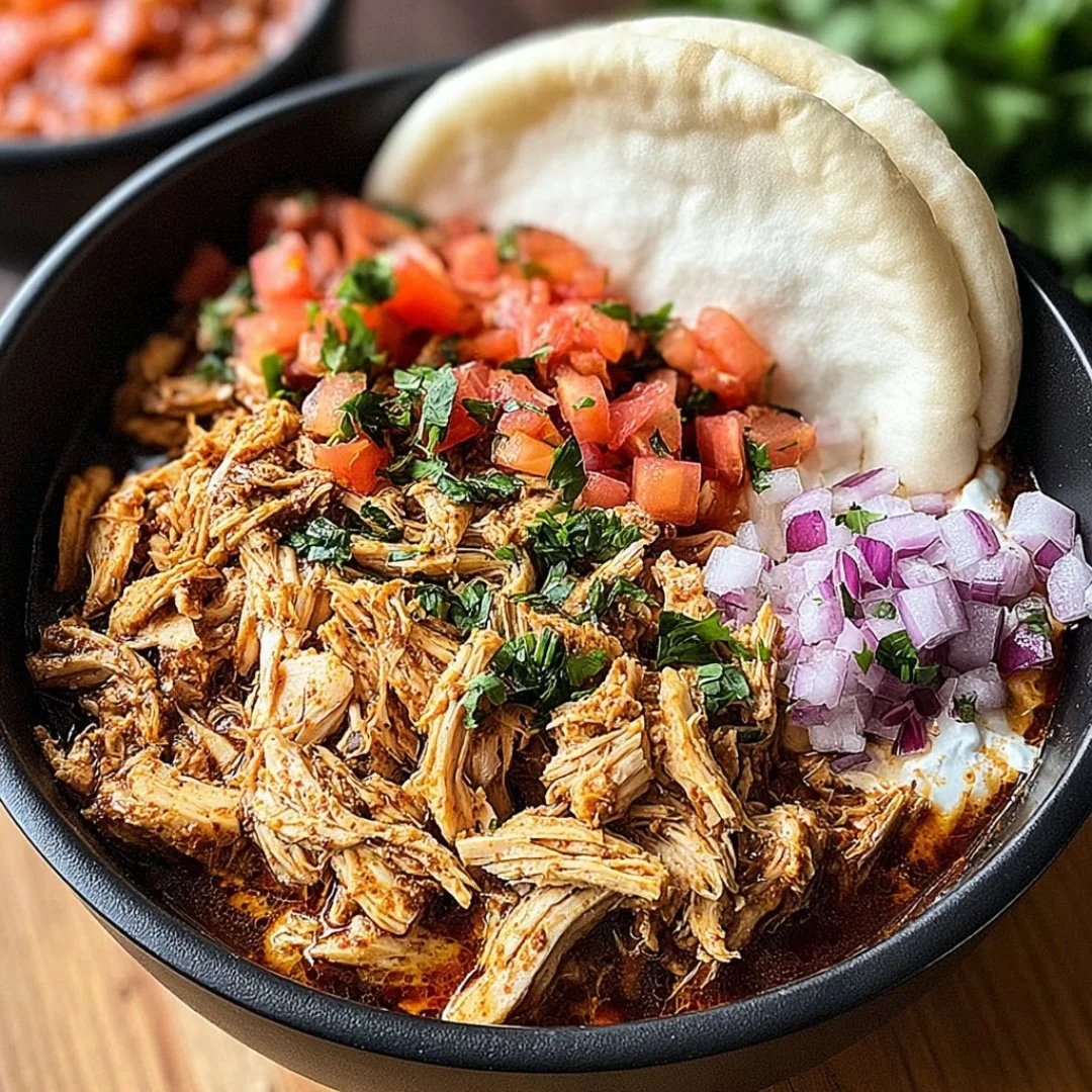 Slow cooker chicken shawarma served with fresh vegetables and pita