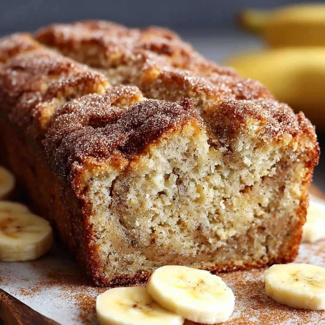 A loaf of snickerdoodle banana bread with cinnamon and sugar topping on a cutting board.