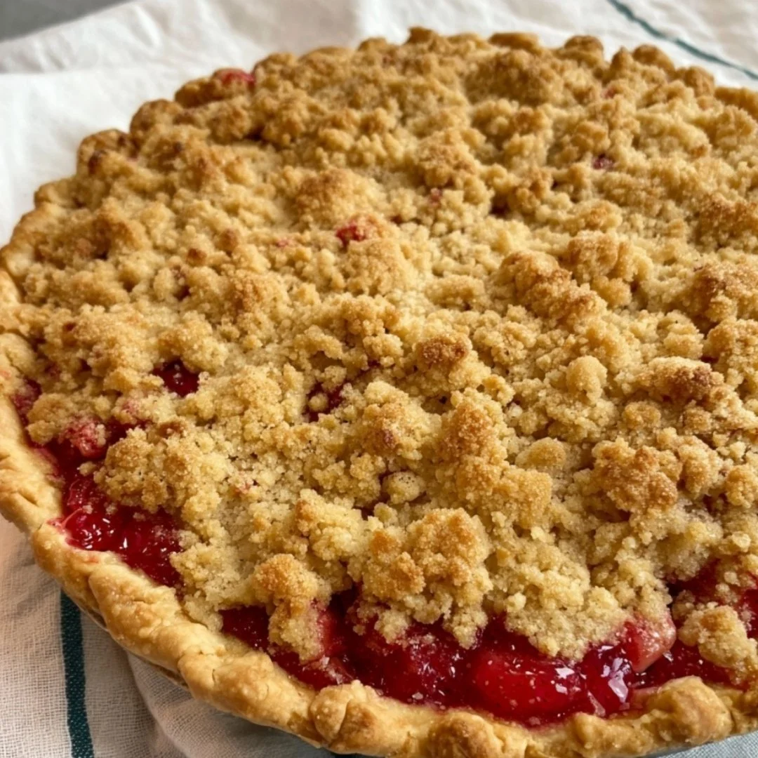 Delicious Strawberry Rhubarb Pie with Crumb Topping on a rustic table