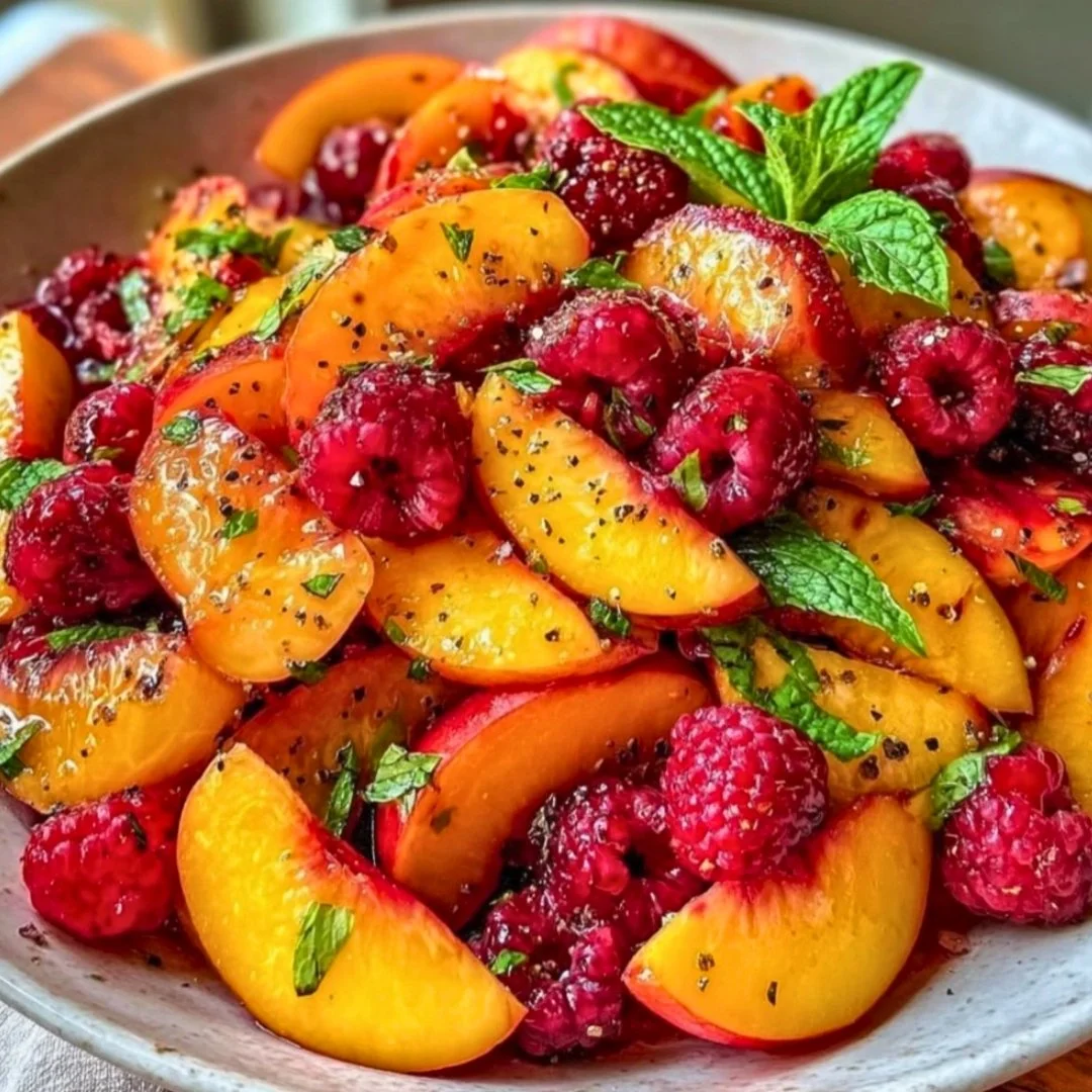 Summer peach salad with fresh ingredients and vibrant colors