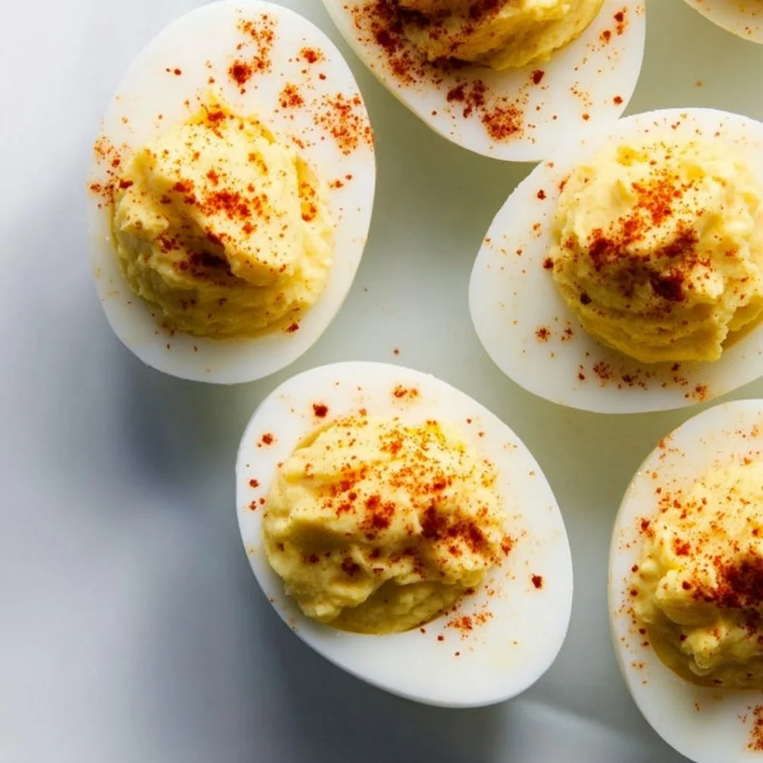 A platter of classic deviled eggs topped with paprika, an appealing appetizer