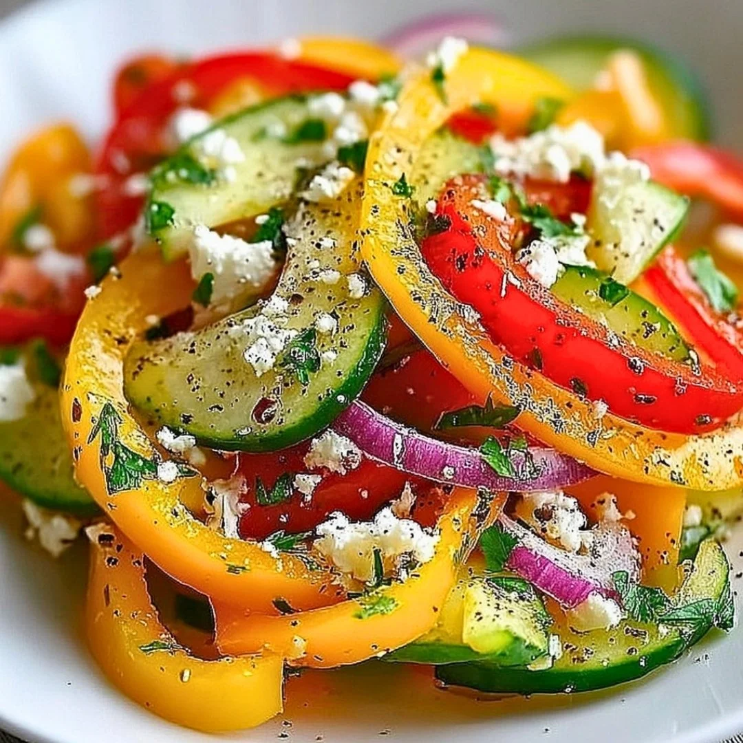 Colorful tricolor bell pepper salad with fresh vegetables and dressing.