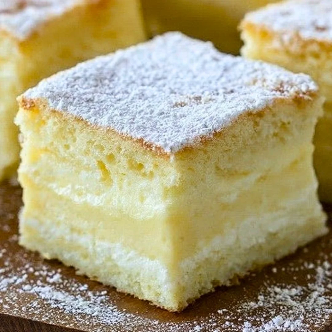 A slice of Vanilla Magic Custard Cake showcasing its creamy layers and rich vanilla flavor.