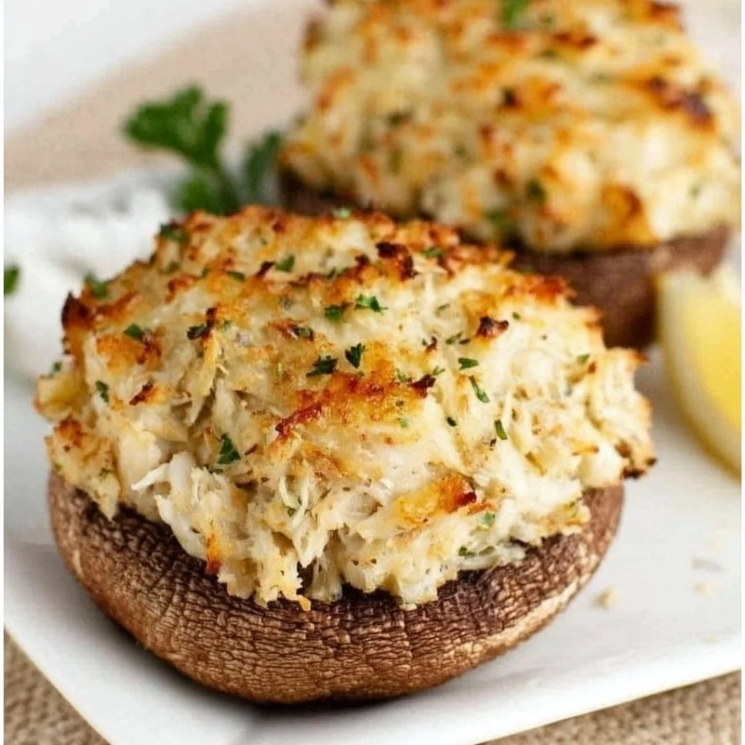 Crab-stuffed portobello mushrooms topped with herbs and cheese