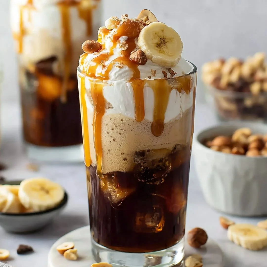 Creamy cold brew served with caramelized bananas and macadamia cream topping.