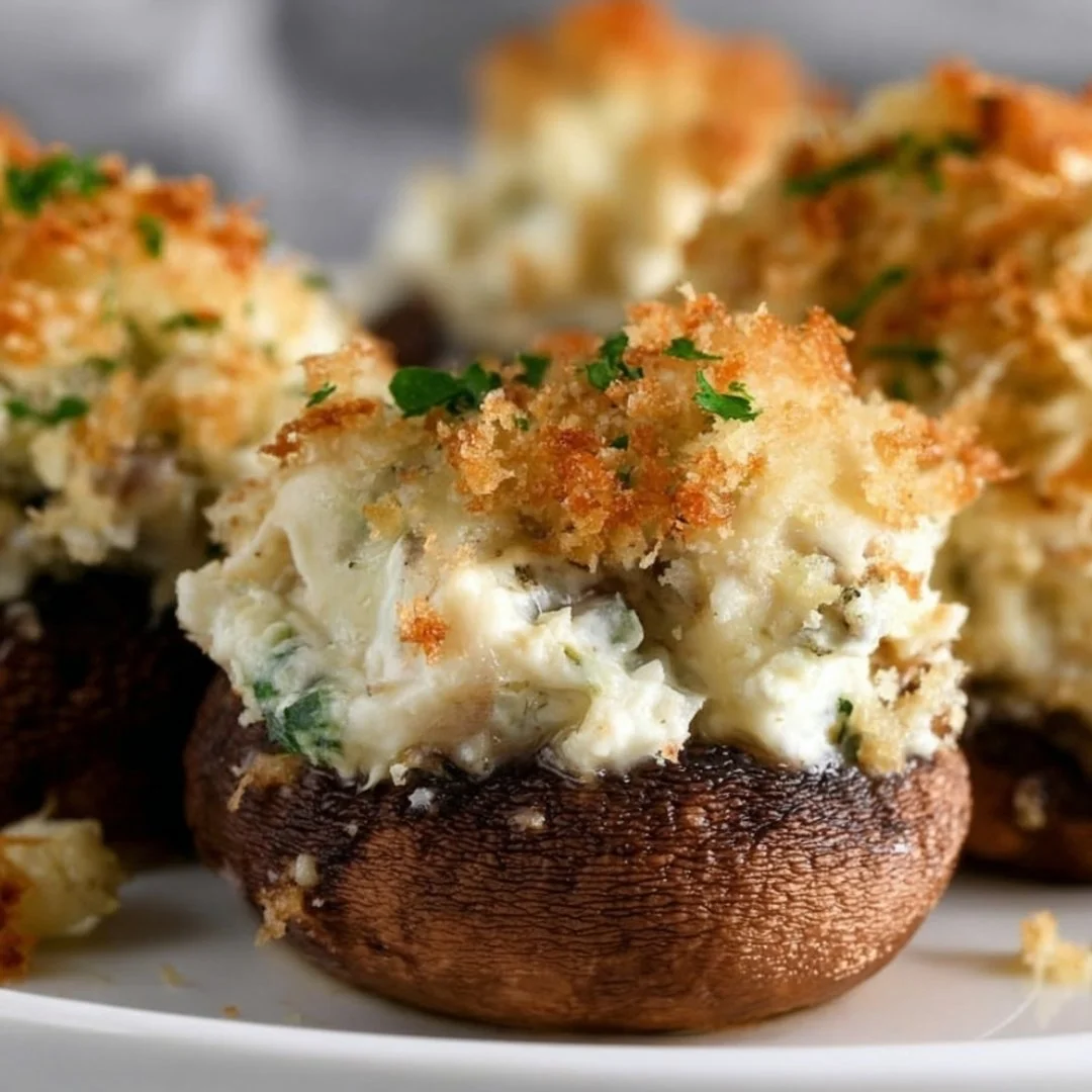 Delicious easy crab stuffed mushrooms topped with herbs and cheese