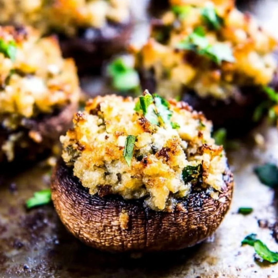 Plate of easy stuffed mushrooms ready to serve as an appetizer