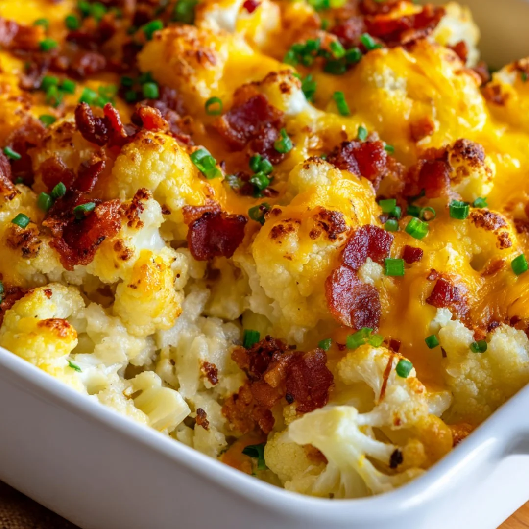 Keto Loaded Cauliflower Casserole topped with cheese and herbs in a baking dish