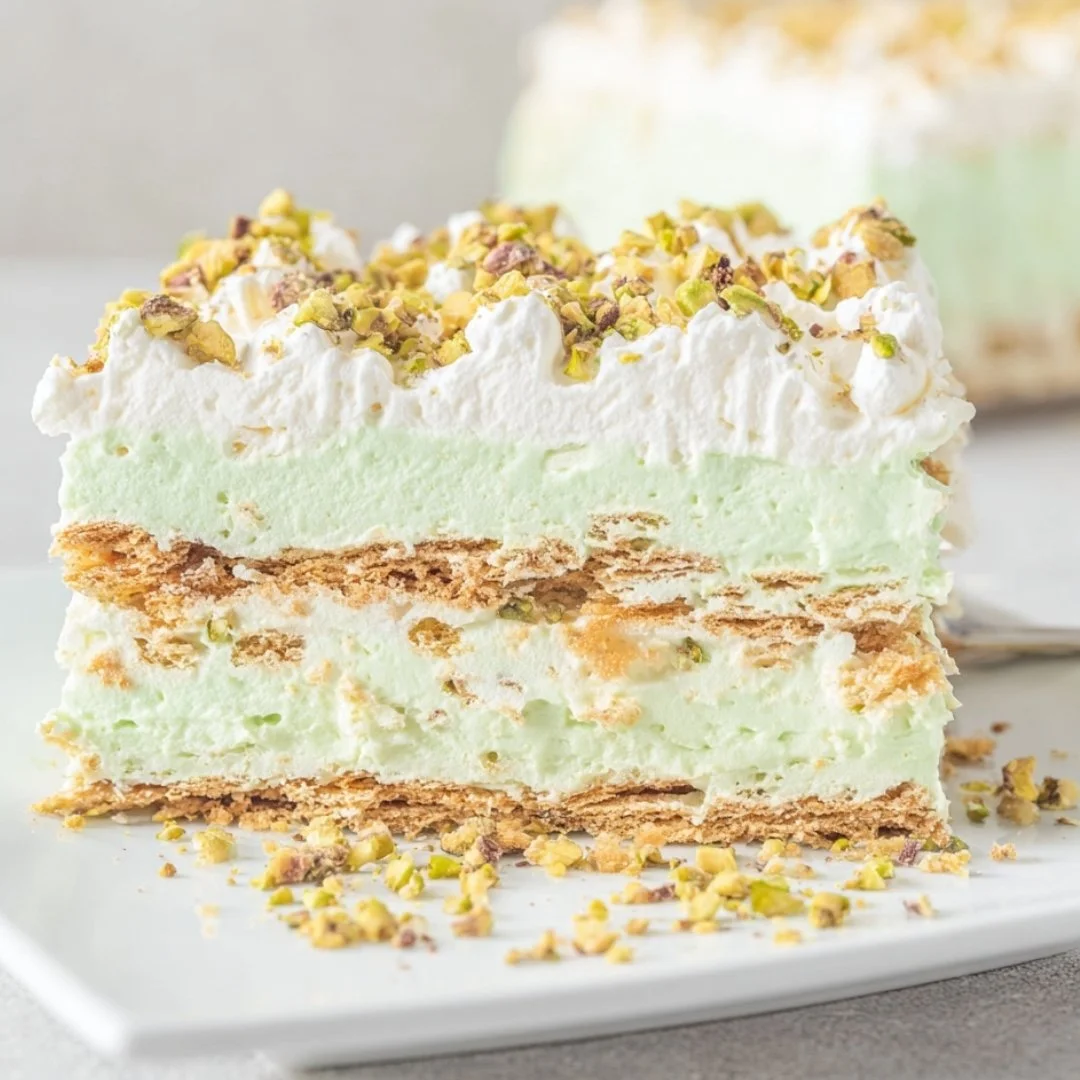 Delicious Pistachio Icebox Cake served with whipped cream and nuts