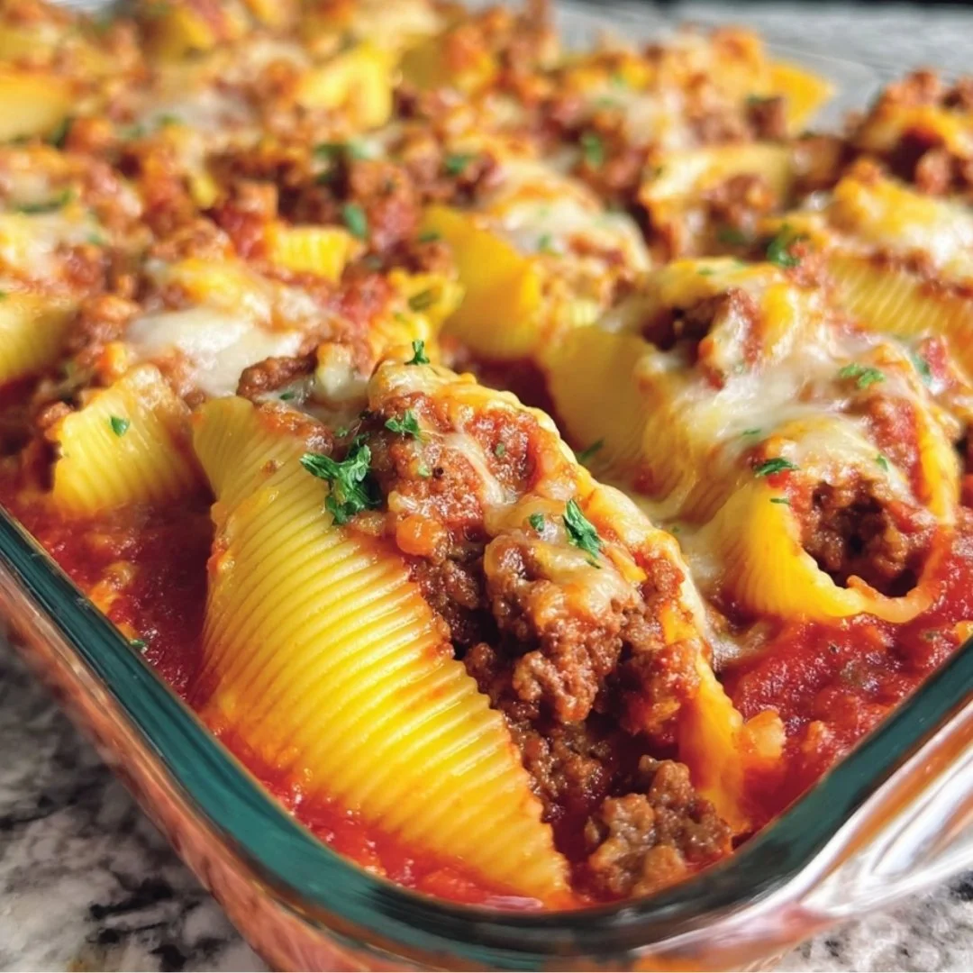 Delicious Ricotta Beef Stuffed Shells Gratin baked to perfection